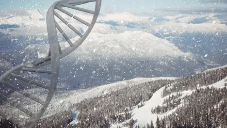 Animation-of-dna-strand-and-snow-falling-over-mountains