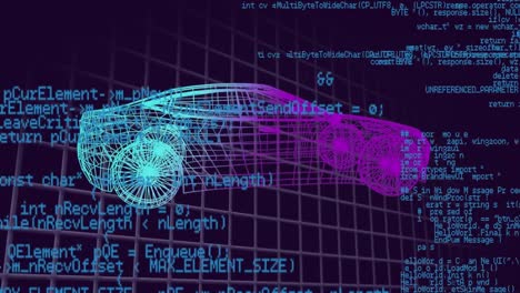 Animation-of-data-processing-over-3d-car-model-spinning-over-grid-network-against-black-background