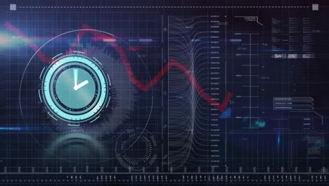 Animation-Einer-Neonfarbenen-Tickenden-Uhr-über-Einer-Digitalen-Schnittstelle-Mit-Datenverarbeitung-Vor-Blauem-Hintergrund