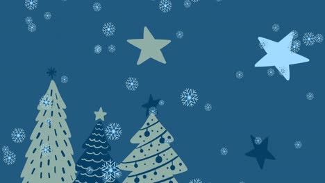Animation-of-snow-falling-over-christmas-trees-and-stars-on-blue-background