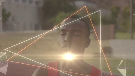 Animation-Eines-Netzwerks-Von-Verbindungen-Und-Eines-Dreiecks-über-Einem-Afroamerikanischen-Sportler