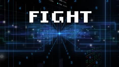 Animation-of-fight-text-and-blue-light-trails-over-data-processing-against-black-background
