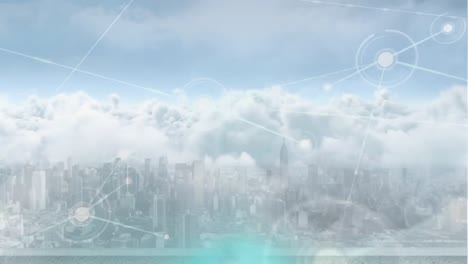 Animation-of-network-of-connections-over-cityscape-and-sky-with-clouds