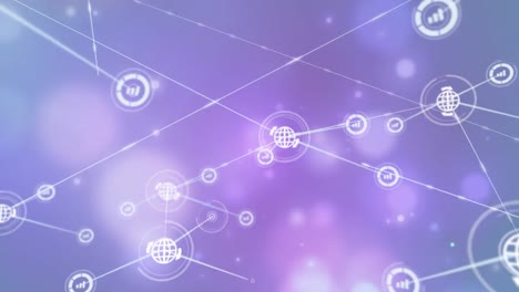 Animation-of-network-of-digital-icons-over-spots-of-light-against-purple-gradient-background