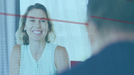 Animation-of-data-processing-against-portrait-of-caucasian-woman-smiling-at-office