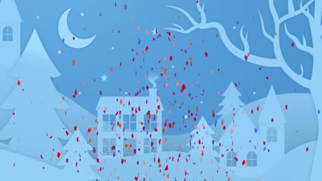 Animation-of-confetti-falling-over-winter-landscape-at-christmas