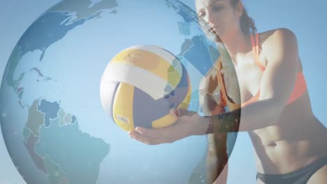 Animation-of-globe-with-connected-dots-and-icons-over-caucasian-woman-serving-volleyball-against-sky
