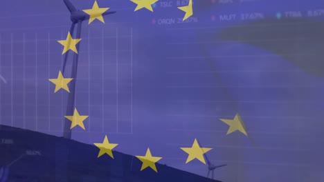 Animation-Der-EU-Flagge-Und-Datenverarbeitung-über-Windkraftanlagen