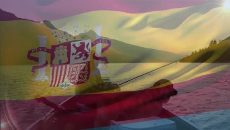 Animation-of-flag-of-spain-over-caucasian-man-with-dog-fishing