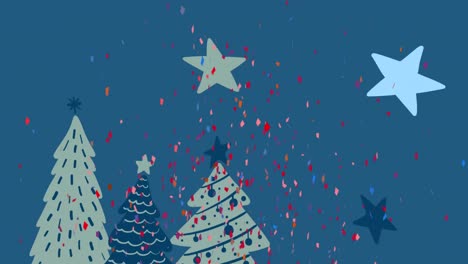 Animation-Von-Konfetti,-Die-über-Weihnachtsbäume-Und-Sterne-Auf-Blauem-Hintergrund-Fallen