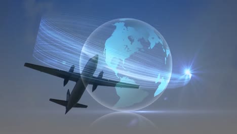 Animation-Von-Lichtspuren-über-Einem-Sich-Drehenden-Globus-Vor-Dem-Hintergrund-Eines-Am-Himmel-Fliegenden-Flugzeugs