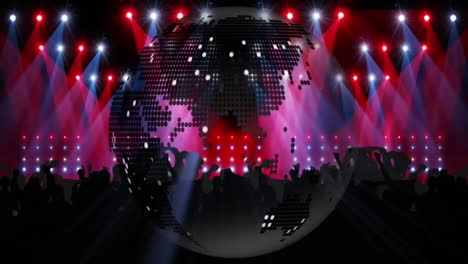 Animation-of-rotating-globe,-with-red-and-white-spotlights-and-dancing-crowd
