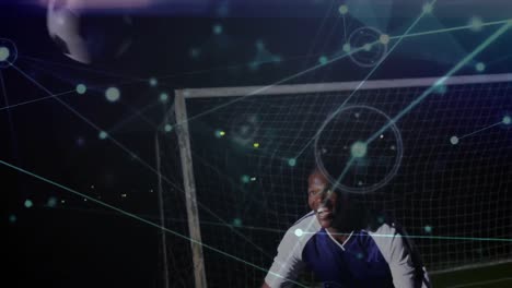Animation-of-network-of-connections-over-african-american-male-soccer-player-heading-the-ball