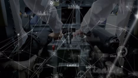 Animation-of-network-of-connections-over-mid-section-of-pilots-in-a-cockpit-of-a-plane