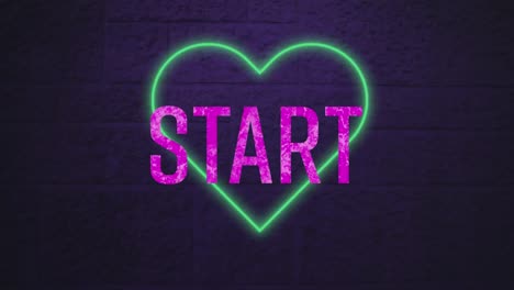 Animation-of-purple-start-text-banner-over-neon-green-heart-icon-against-grey-brick-wall
