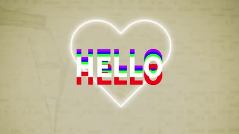 Animation-of-hello-text-banner-over-neon-heart-icon-against-grey-background