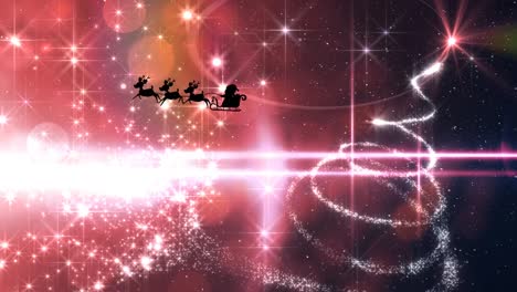 Silhouette-of-santa-claus-on-sled-flying-with-reindeer-against-illuminated-abstract-background