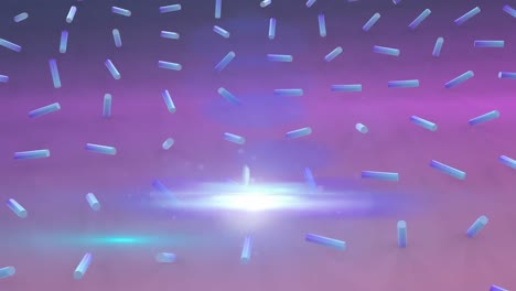 Animation-of-blue-shapes-over-light-trails-and-spots-on-purple-background