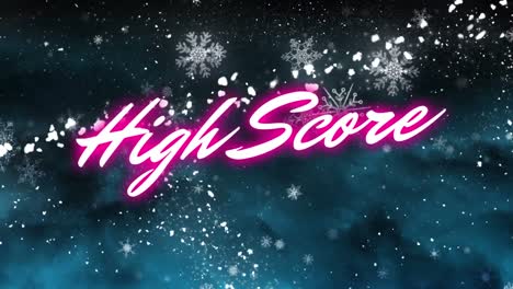 Animation-of-high-score-text-over-snowflakes-on-black-background