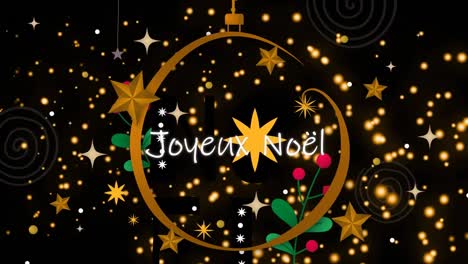 Animation-of-light-spots-over-joyeux-noel-text-in-christmas-bauble-on-black-background
