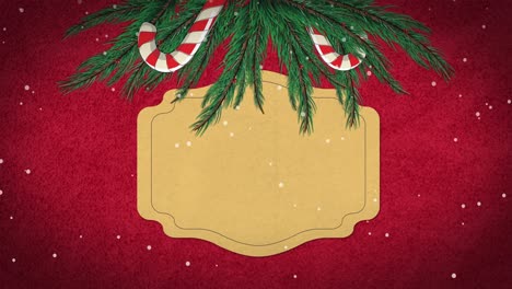 Animation-of-snow-falling-over-candy-canes-and-fir-tree-over-sign-with-copy-space-on-red-background