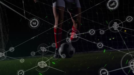 Animation-of-network-of-connections-over-low-section-of-male-soccer-player-playing-soccer