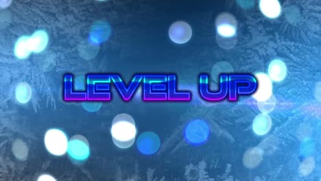 Animation-of-level-up-text-over-light-spots-on-blue-background