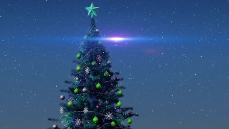Animation-Von-Schnee,-Der-über-Den-Weihnachtsbaum-Auf-Blauem-Hintergrund-Fällt
