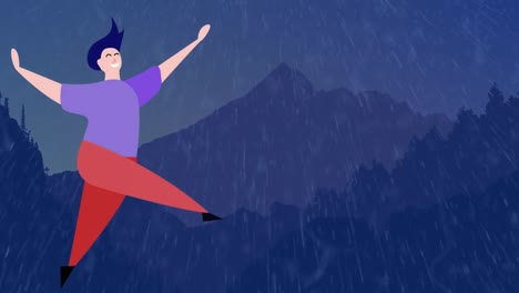 Animation-Von-Fröhlichen-Männern-Und-Frauen,-Die-Bei-Schneefall-Silhouettenberge-Tanzen