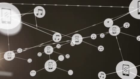 Animation-of-network-of-digital-icons-over-light-spot-against-black-background