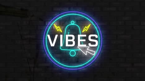 Animation-of-vibes-text-banner-over-neon-notification-bell-icon-against-grey-brick-wall