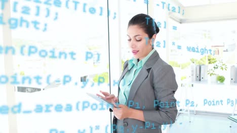 Animation-of-data-processing-over-thoughtful-biracial-businesswoman-using-digital-tablet-at-office
