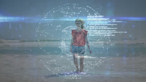 Animation-of-data-processing-over-caucasian-woman-at-beach