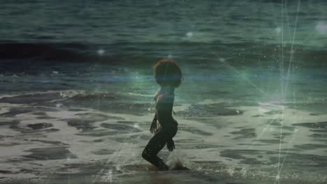 Animation-of-light-spots-over-african-american-woman-at-beach