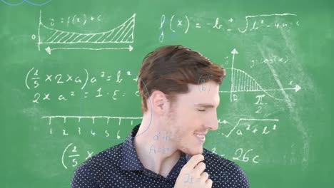 Animation-of-mathematical-equations-on-green-board-over-caucasian-man-scratching-chin