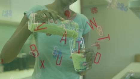 Animations-of-falling-number-and-letters-over-african-american-woman-drinking-smoothie
