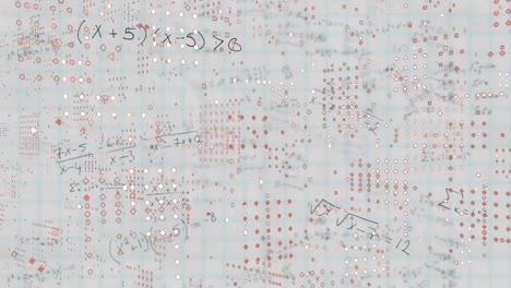 Animation-of-falling-mathematical-equations-over-whiteboard-and-multicolored-dots-in-background