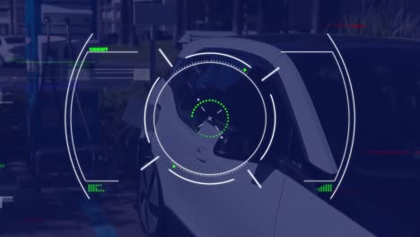 Animation-Der-Datenverarbeitung-Eines-Kreisförmigen-Scanners-über-Einem-Hybrid-Elektroauto-An-Der-Ladestation