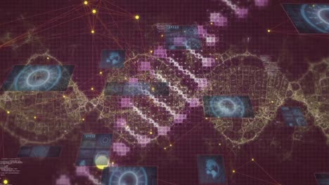 Animation-Der-Datenverarbeitung-Und-Des-DNA-Strangs-über-Dem-Globus-Auf-Dunklem-Hintergrund