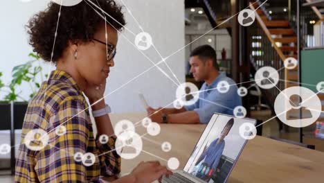 Animation-of-network-of-connections-over-diverse-business-people-having-video-call-in-office