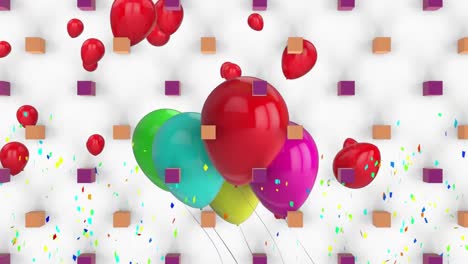 Animation-of-flying-colorful-balloons-and-confetti-over-white-background