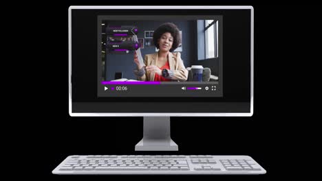 Animation-of-social-media-screen-on-computer-over-african-american-woman-making-video-blog