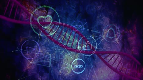 Animation-Des-DNA-Strangs-über-Ein-Netzwerk-Von-Verbindungen-Mit-Symbolen