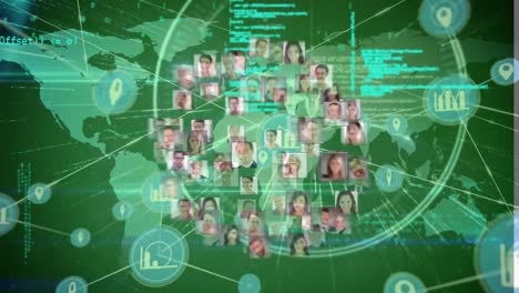 Animation-Von-Globus-Profilsymbolen-über-Datenverarbeitung-Und-Weltkarte-Auf-Grünem-Hintergrund