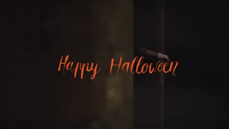 Animation-of-happy-halloween-text-over-zombie-walking