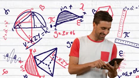 Animation-of-caucasian-man-using-tablet-over-mathematical-equations