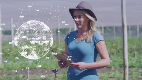 Animation-of-globe-with-data-processing-over-caucasian-woman-using-tablet