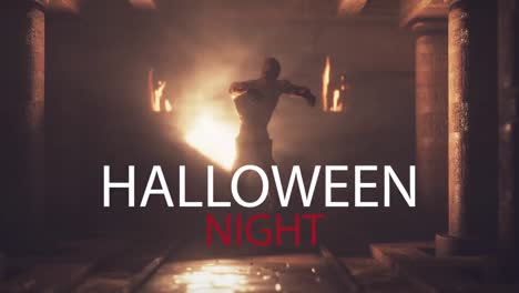 Animation-of-halloween-night-text-over-zombie-walking