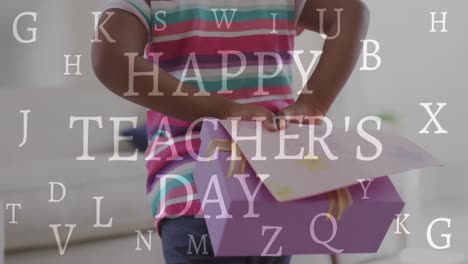 Animations-of-happy-teachers-day-text-over-african-american-student-with-gift