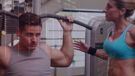 Animation-of-financial-data-processing-over-caucasian-couple-exercising-at-gym